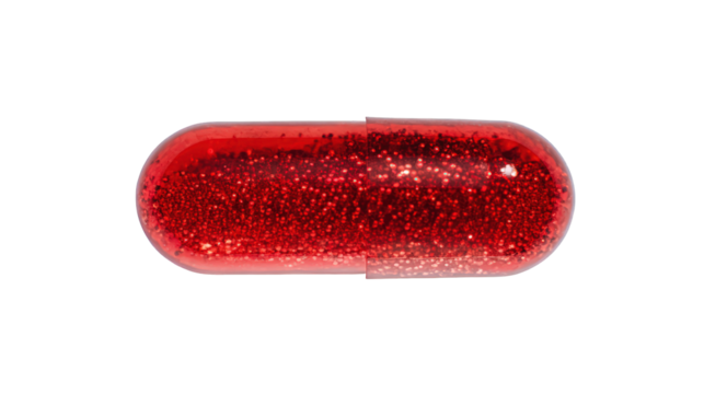 Red glitter capsule pill medicine pharmacy healthcare on transparent background