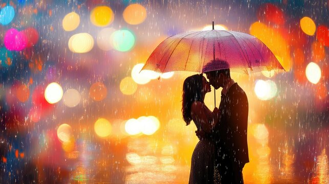 Love in the rain: couple kissing under umbrella in moody city night scene, streetlight glow behind