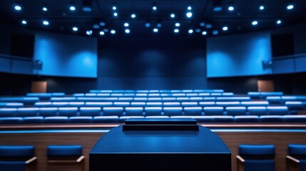 Empty auditorium with dark blue seats and stage.  A podium sits centered, ready for an event.  Soft blue lighting illuminates the space