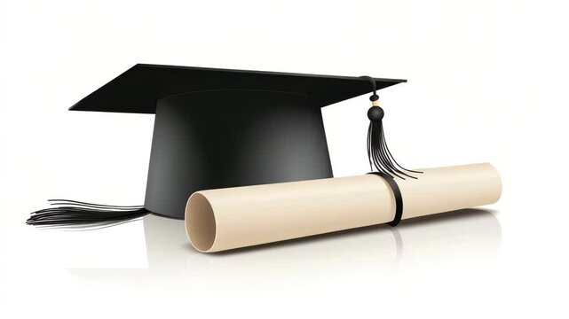 A graduation cap sits next to a rolled diploma, symbolizing academic success and accomplishments