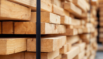 Close-up of stacked wooden planks secured with black strap in soft natural light

