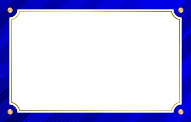 Elegant Gold Frame on Blue Backdrop: A sophisticated, blank rectangular frame with ornate golden detailing, set against a rich blue backdrop, perfect for text or designs.