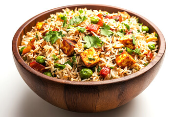 Delicious Paneer Vegetable Rice in Wooden Bowl