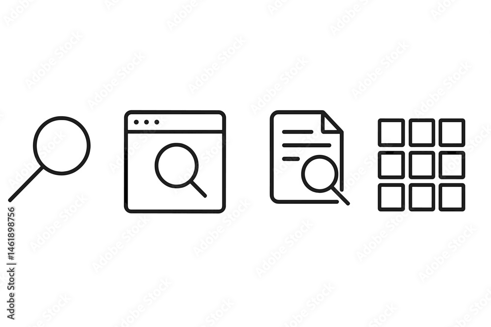 Poster vector illustration icons depicting search functions and options for web browsing and document retri