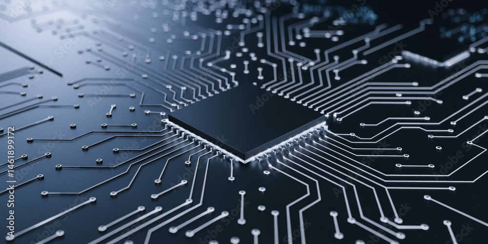 Fototapete Close-up of a circuit board, showcasing intricate pathways and a central processor, symbolizing technology, innovation, and connectivity
