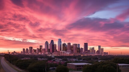 skyscrapers pink sunset clouds