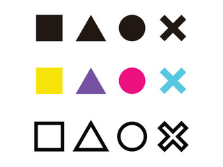 game attributes card with triangle, circle, x and square shape symbol icon design vector isolated transparent background