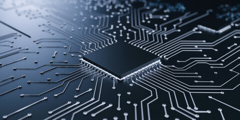 Close-up of a circuit board, showcasing intricate pathways and a central processor, symbolizing technology, innovation, and connectivity