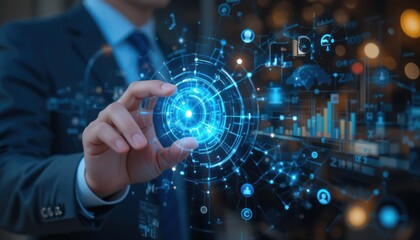 Futuristic Businessman Interacting with Holographic Data Interface