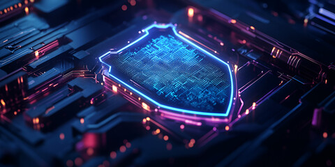 Digital Shield on Circuit Board, Cybersecurity Concept on Computer Chip, 3D Render of Shield on Technology Circuit