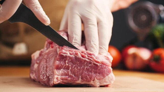Man cut meat steak, beef pork neck cooking, Cook Butcher. The chef cuts the meat for cooking. Neck carbonate with vegetables cutting on ktchen for bbq grill, marinade. 