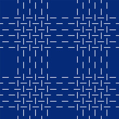 Linear geometric seamless pattern. Japanese sashiko embroidery. Ethnic needlework fabric design. Background with simple hand stitches. White intermittent lines on blue background