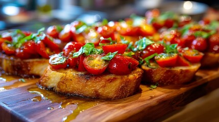 Freshly Made Bruschetta with Juicy Tomatoes and Aromatic Basil on Wooden Board Ready to Serve at a Dinner Party or Gathering