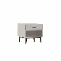 Minimalist bedside table with a light gray drawer and sleek dark pull