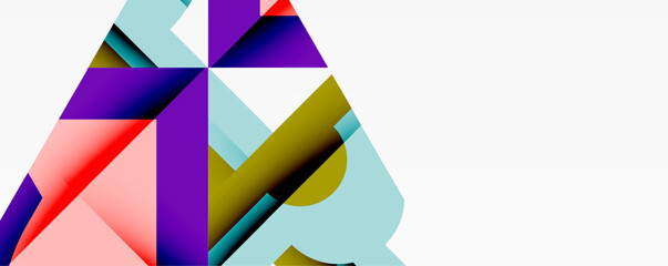 Abstract geometric shapes overlap, creating vibrant color blocks. Composition features triangles, lines, plus negative space. Modern design.
