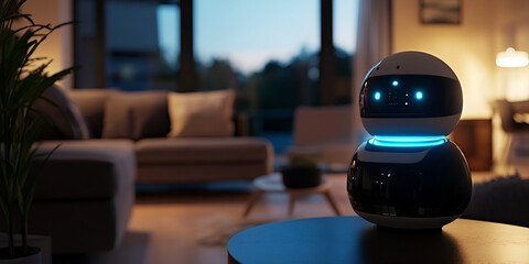  Home Assistant Robot in Living Room, Futuristic Home Robot with Glowing Features, Smart Robot in Modern Living Space