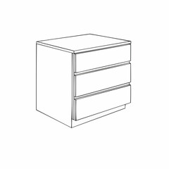 A schematic of a dresser with several drawers shown. Black and white image