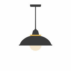 Gray pendant light fixture hangs from the ceiling with yellow bottom trim on white background