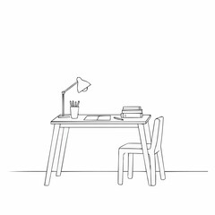 Desk with lamp, book, pencils. Simple black and white line drawing of a study space
