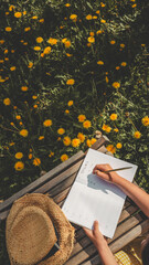 Close-up of a hand writing a spring to-do list in a lined notebook, with a background of blooming...