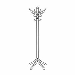Black and white drawing of a coat rack with hooks and top peg on plain white