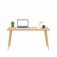 Desk setup featuring a plant, laptop, notepad, pen, mug, and sticky notes