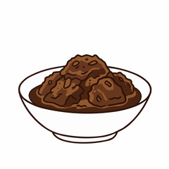 A cartoon drawing of a heaping pile of brown food served on a white plate with a brown rim
