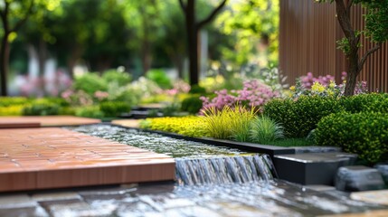 Landscape model with tiered gardens and water features in urban park