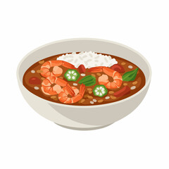 Shrimp, sausage, rice, and okra in a brown stew served in a beige bowl