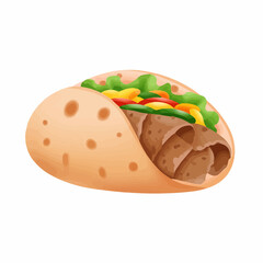 A delicious taco with lettuce, tomatoes, peppers, and meat, wrapped in tortilla