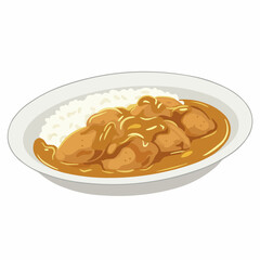 Curry and rice displayed on a white plate, presented in a simplistic, cartoon style