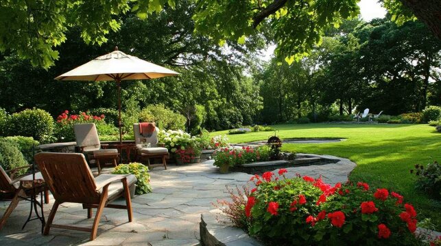 Minimalist backyard with flower beds and shaded relaxation zone