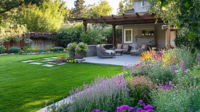 Minimalist backyard with flower beds and shaded relaxation zone