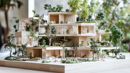 Multi-story apartment complex model with shared green spaces