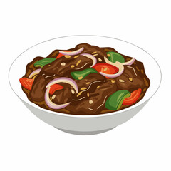 Savory, brown, stir-fried meat served with sliced vegetables on a pristine white plate