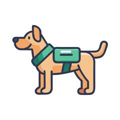 Illustration of a service dog with a harness and backpack standing proudly outdoors during a sunny day