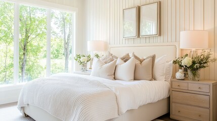 Fototapeta premium Serene bedroom space with neutral palette, layered pillows, and vertical ribbed wall paneling for a touch of modern texture