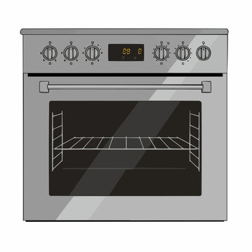 Gray oven with five knobs above door, digital time display, minimalist illustration