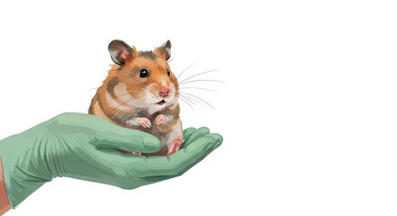 Hamster being held by a gloved hand for a veterinary clinic  