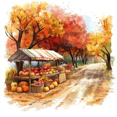 Autumn harvest market scene.  A picturesque roadside fruit and vegetable stand beneath colorful trees