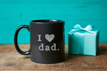 Fathers Day Gift Ideas Dark Mug with I Love Dad Message and Teal Gift Box