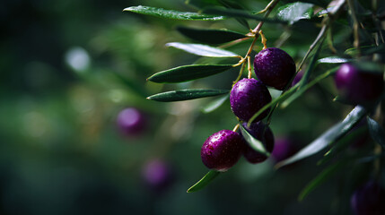 Ripe purple olives attend from a lush dark-green branch.