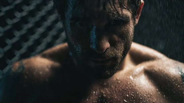 4K Intense Close-Up of MMA Fighter Staring into Camera | Gritty Expression Before Fight | Determined Athlete Portrait