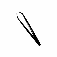 Black outline of angled, open tweezers on a white background for graphic design element
