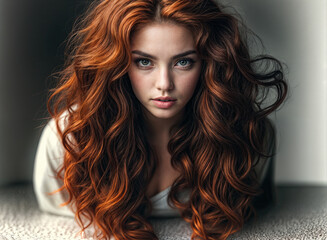 A close-up portrait showcasing voluminous, rich auburn curls cascading around a captivating face.