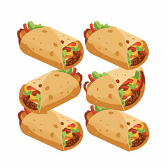Tasty wraps, rolled up with vegetables and savory fillings, in an isometric view