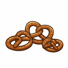 Stacked brown pretzels with visible holes fill the lower right of the white background