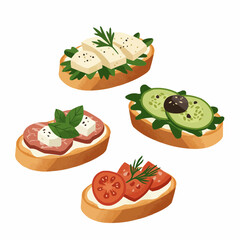 Appetizing sandwiches topped with cheese, cucumber, ham, and greens on bread