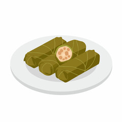 Rolled grape leaves stuffed with a savory filling presented on a white plate