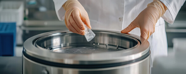 Scientist wearing gloves carefully inserts sample into centrifuge machine in laboratory setting